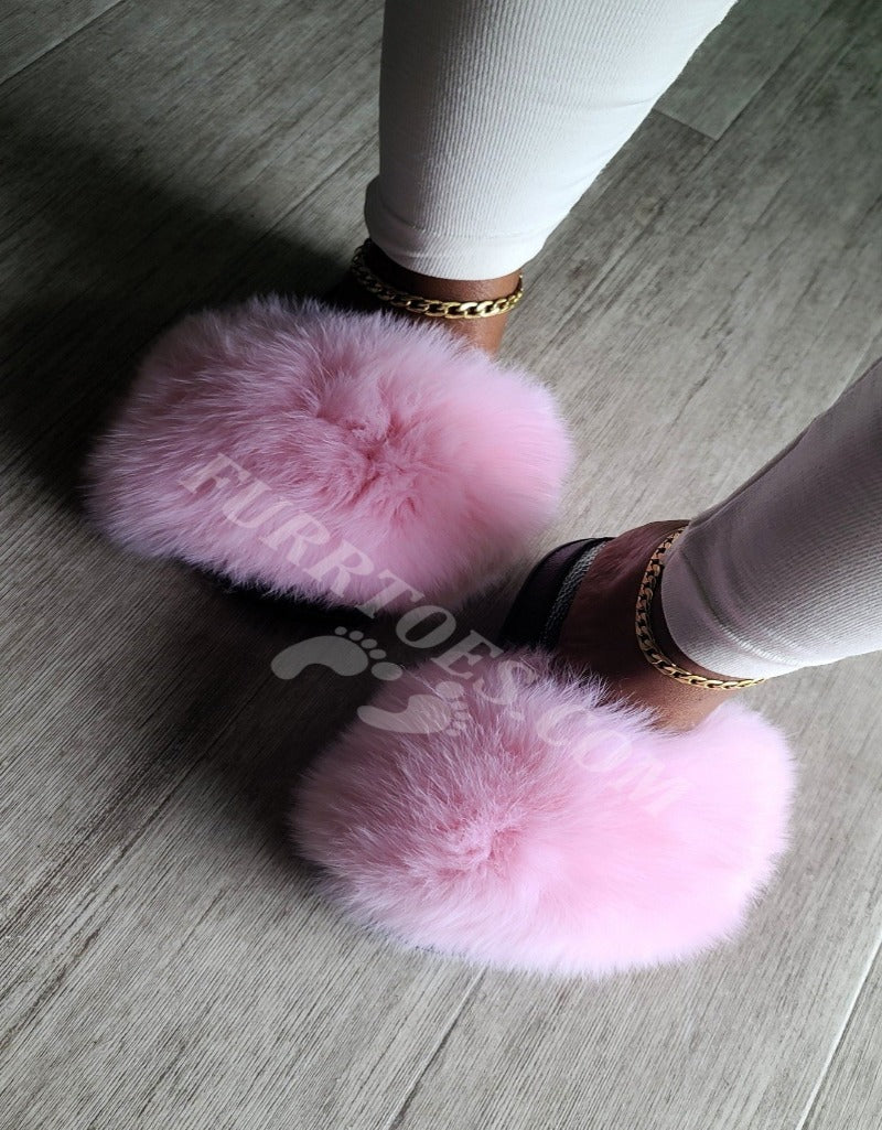 Pink Black Real Mink Fur Slides Initial Letter Real fur Sandals Fur Slippers